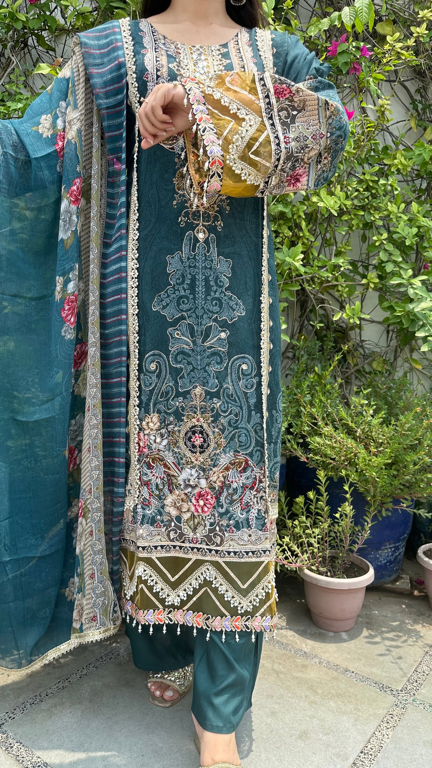 RAYON ZARI DARK TEAL SET