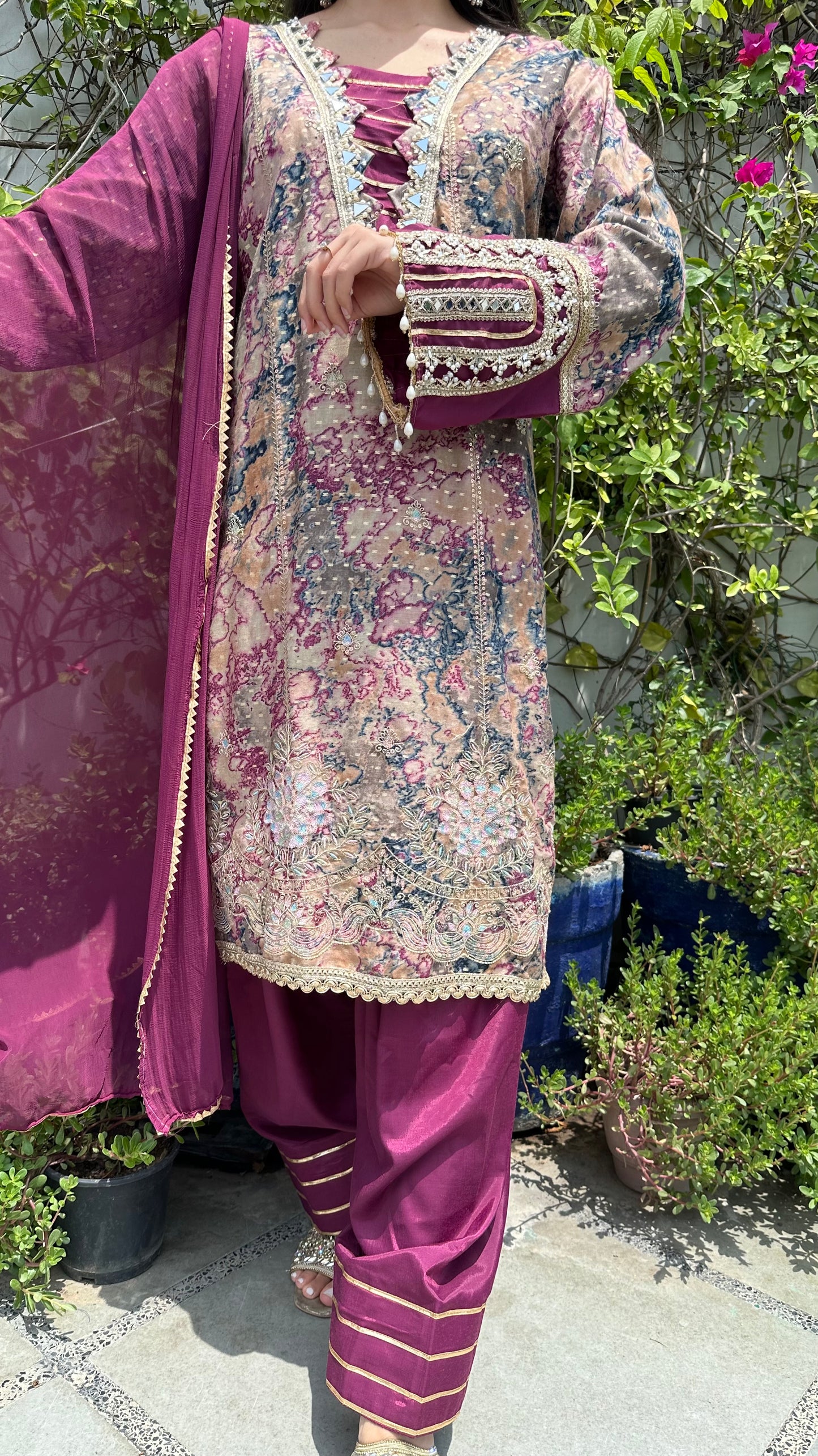 MARBLE PRINT EMBROIDERED FARSHI SETS