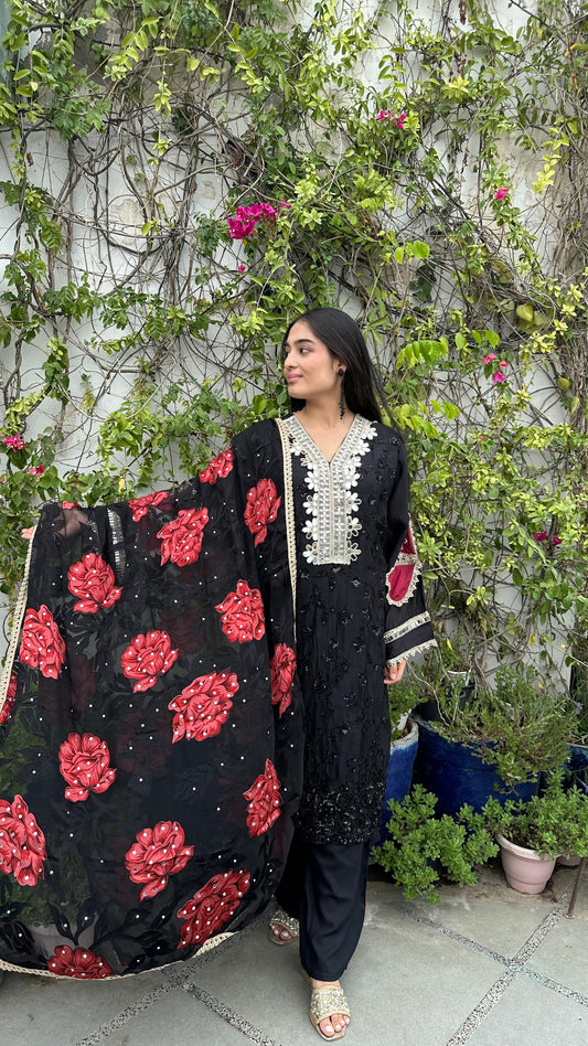 HAND EMBROIDERED MIRROR BLACK RED SET
