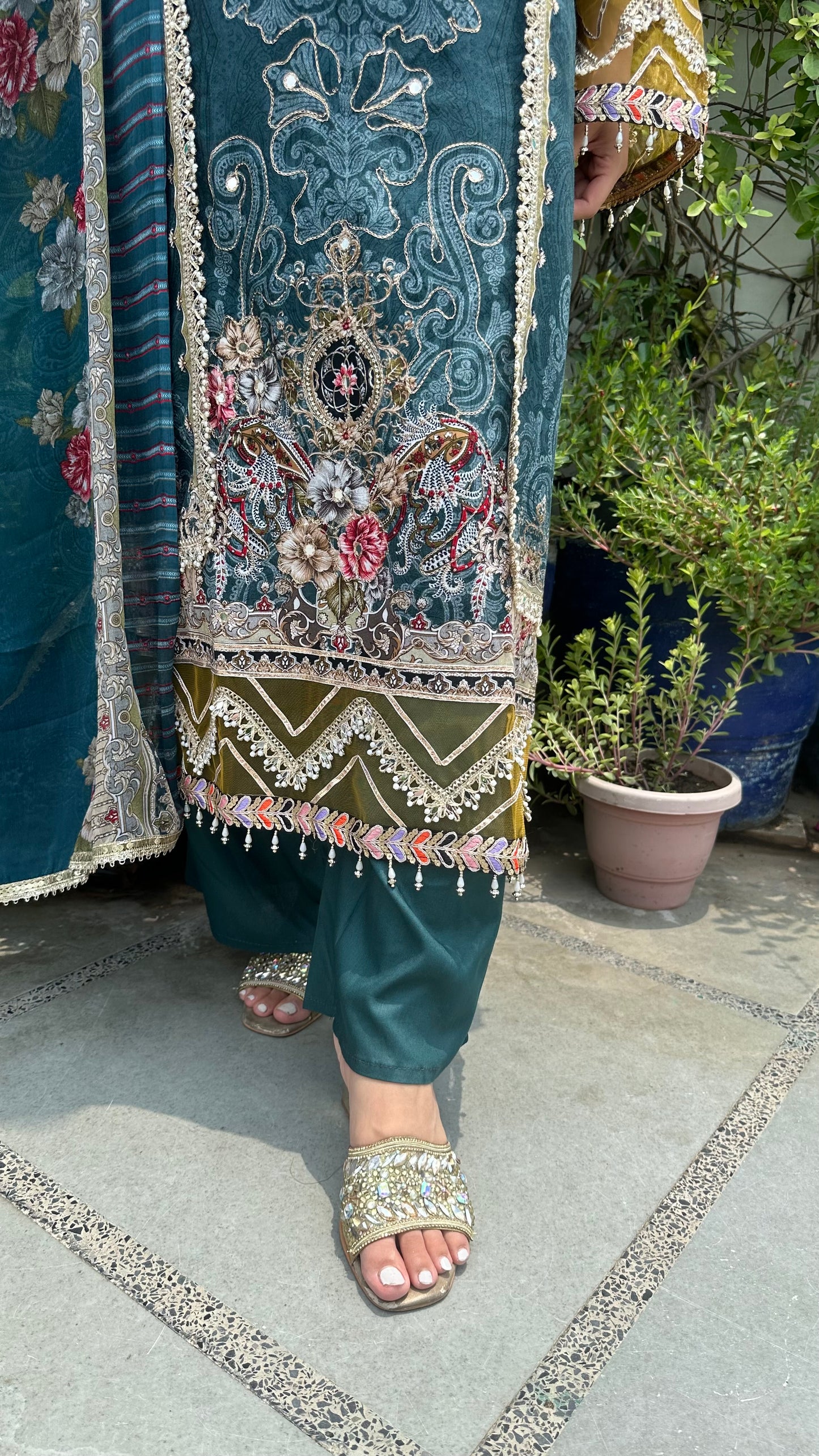 RAYON ZARI DARK TEAL SET