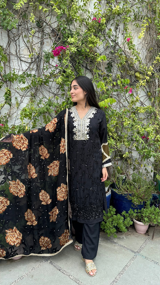 HAND EMBROIDERED MIRROR BLACK MUSTARD SET