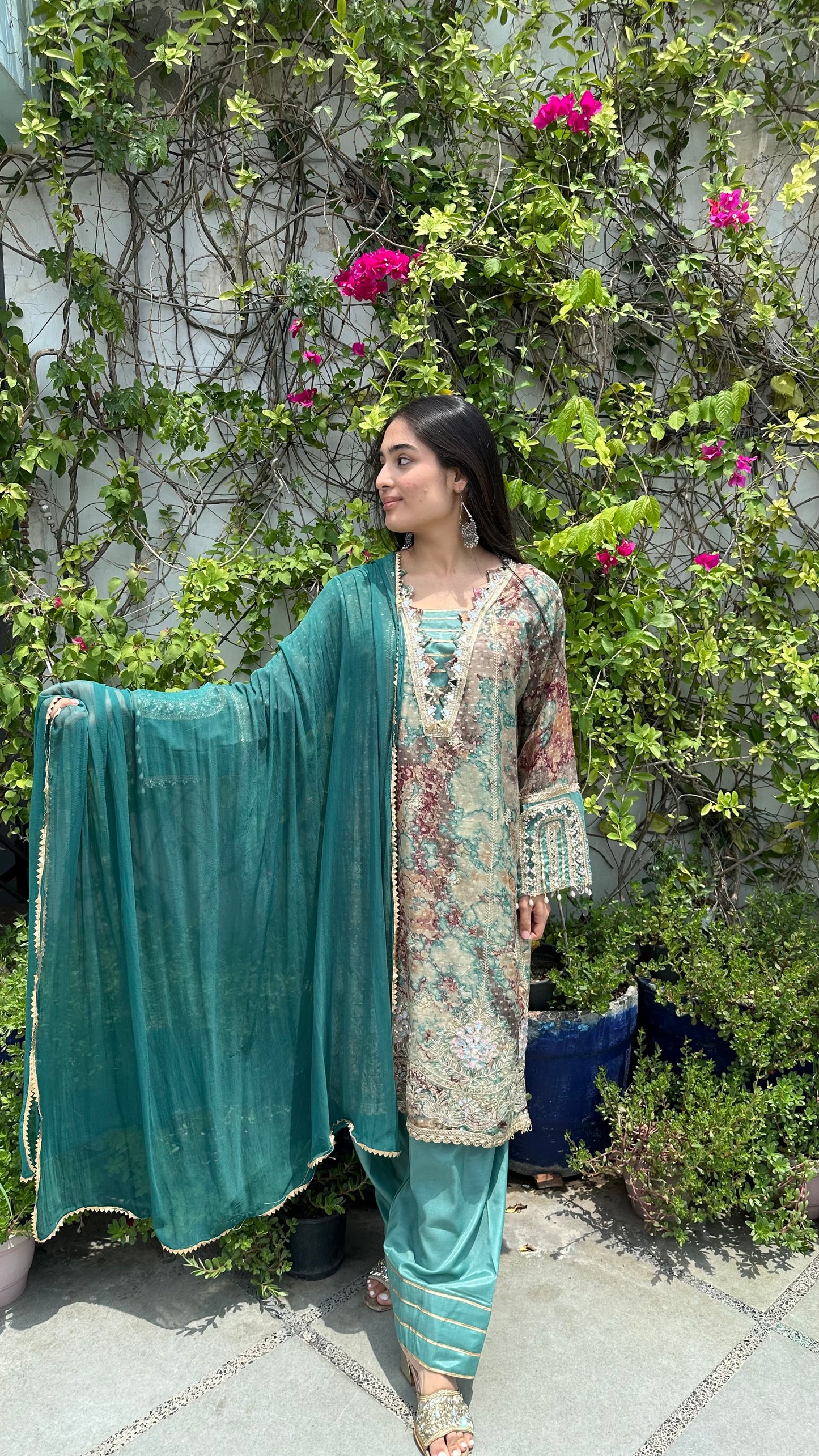 MARBLE PRINT EMBROIDERED FARSHI SET
