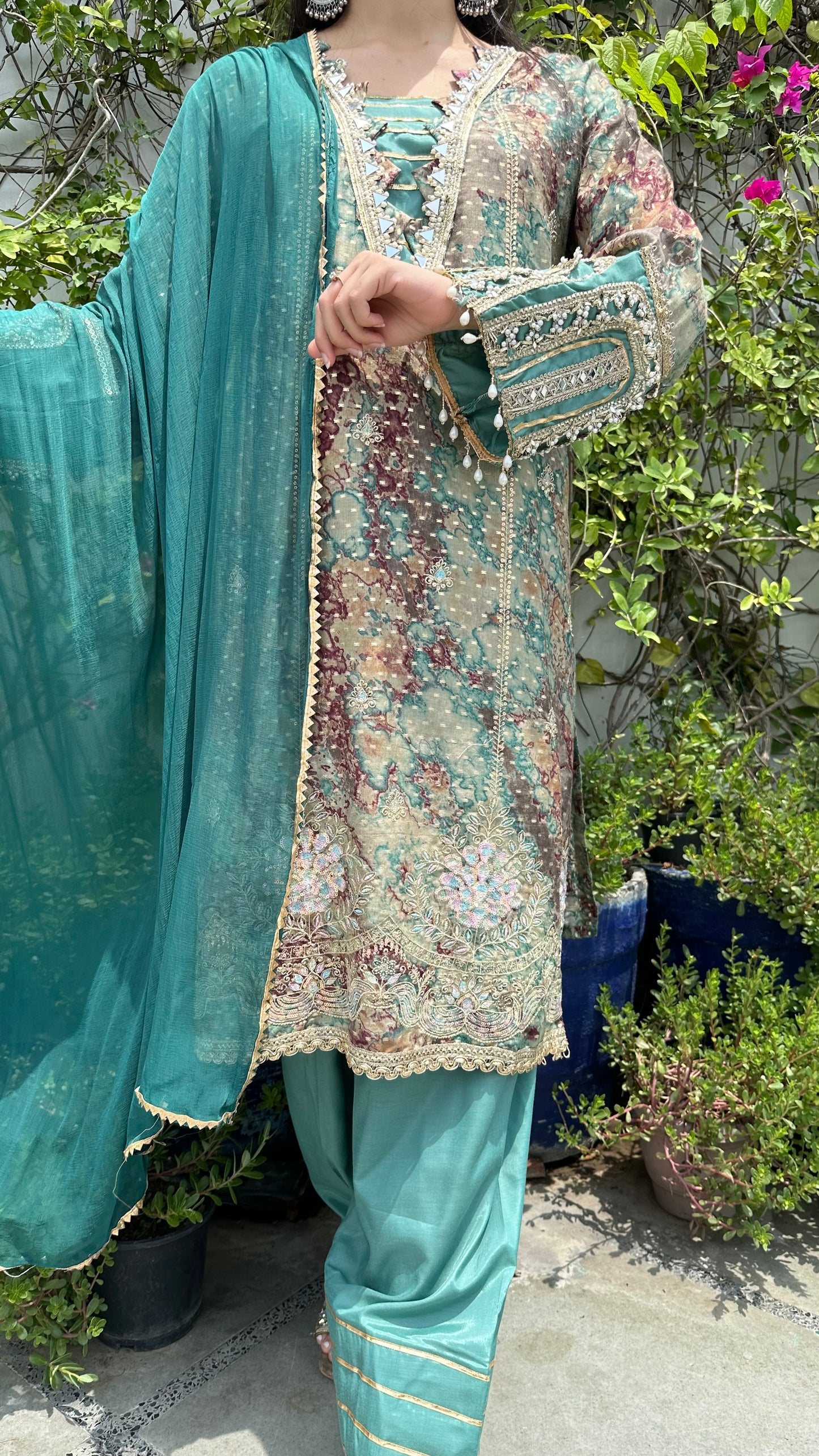 MARBLE PRINT EMBROIDERED FARSHI SET