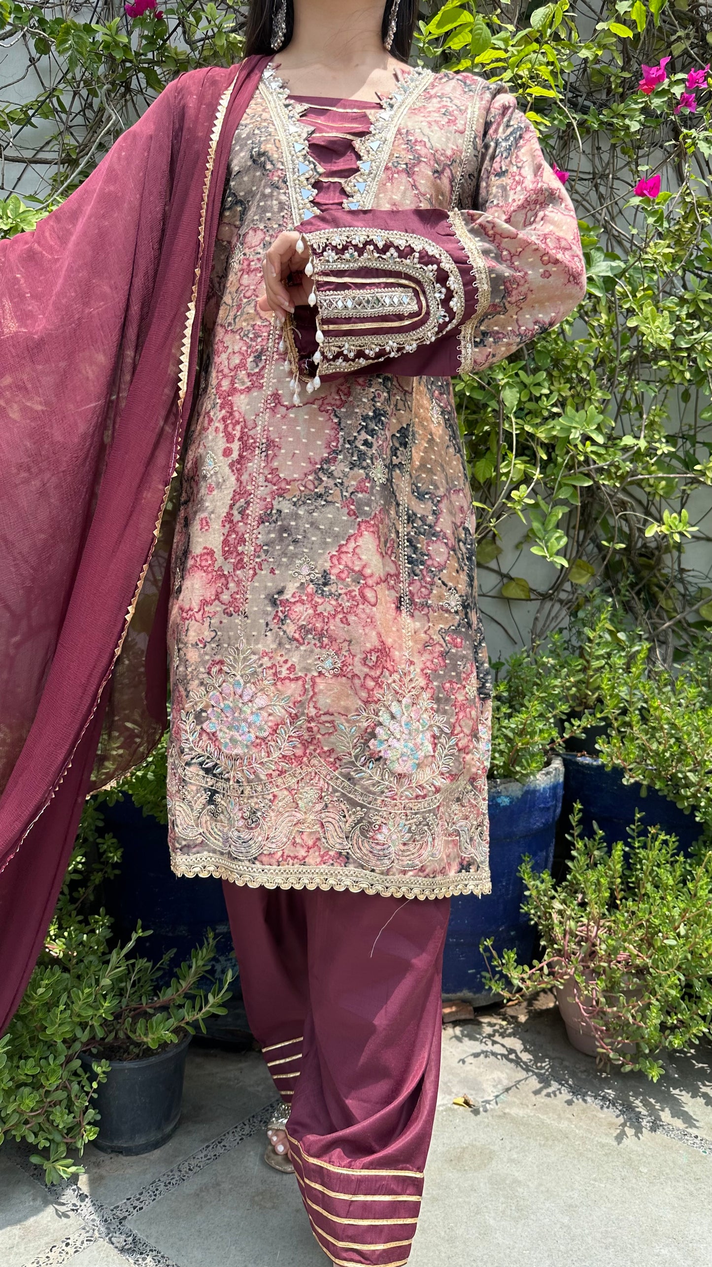 MARBLE PRINT EMBROIDERED FARSHI SETS