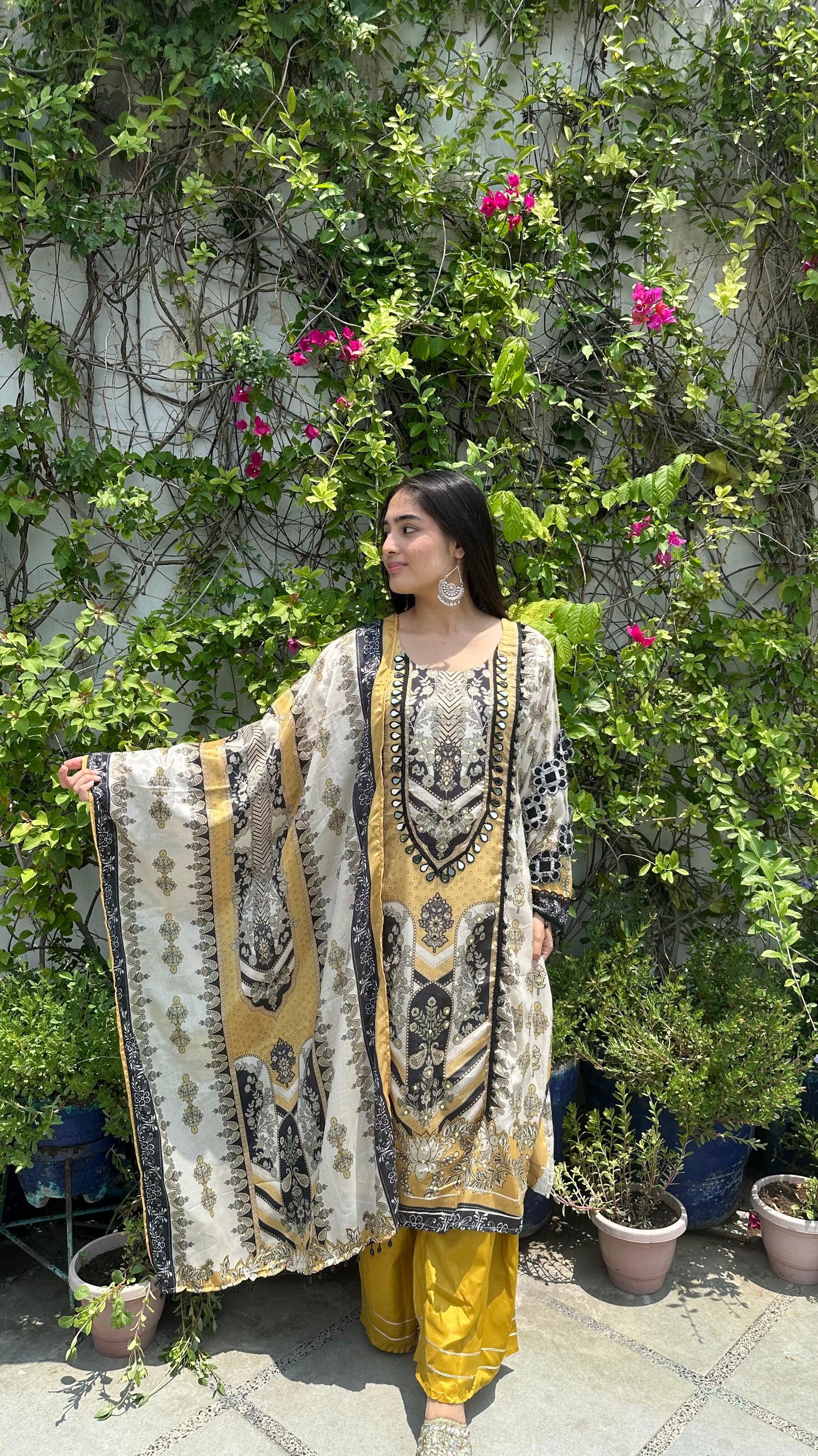 MUSLIN A-LINE CREAM YELLOW SET