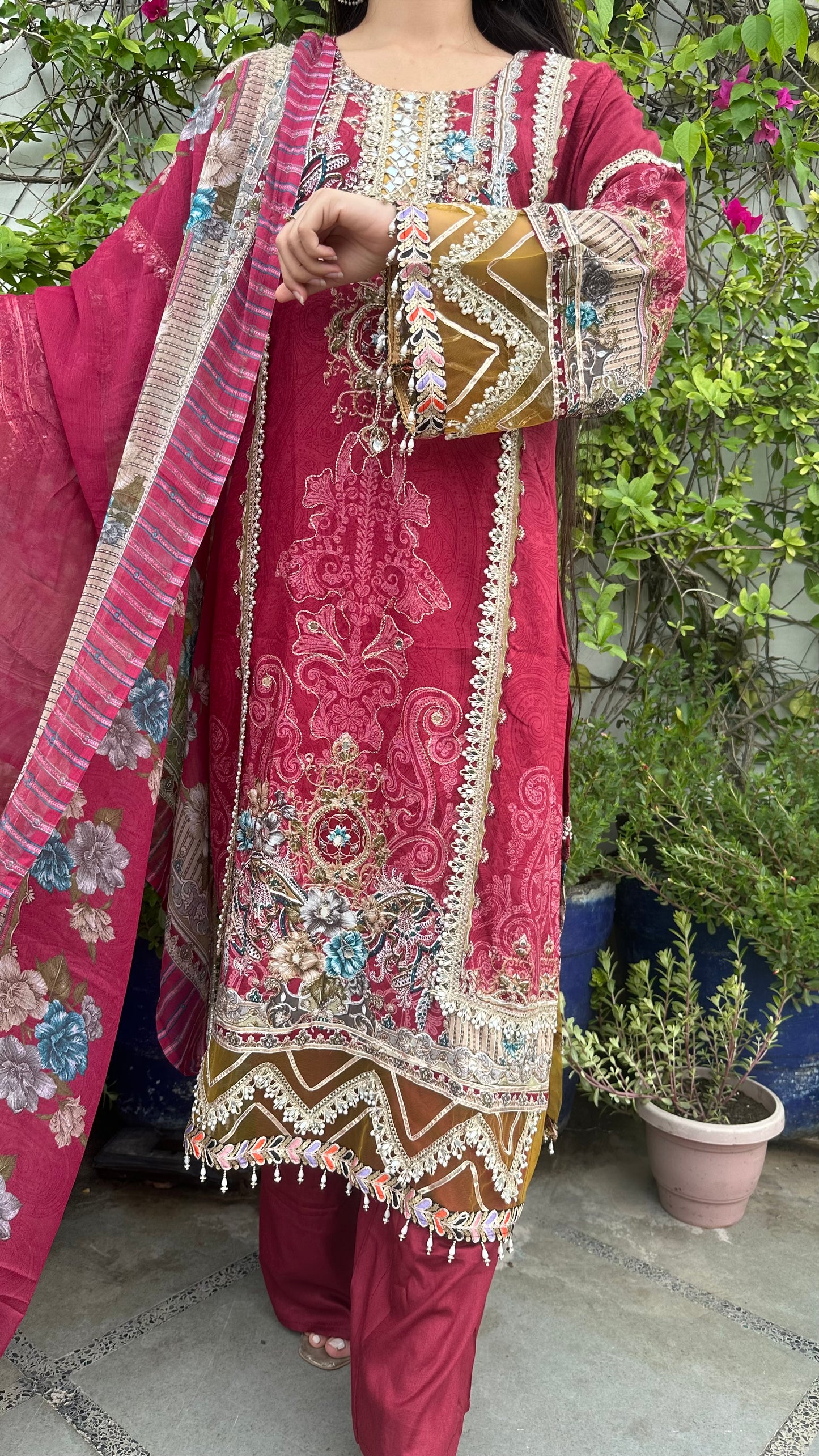 RAYON ZARI DARK RED SET