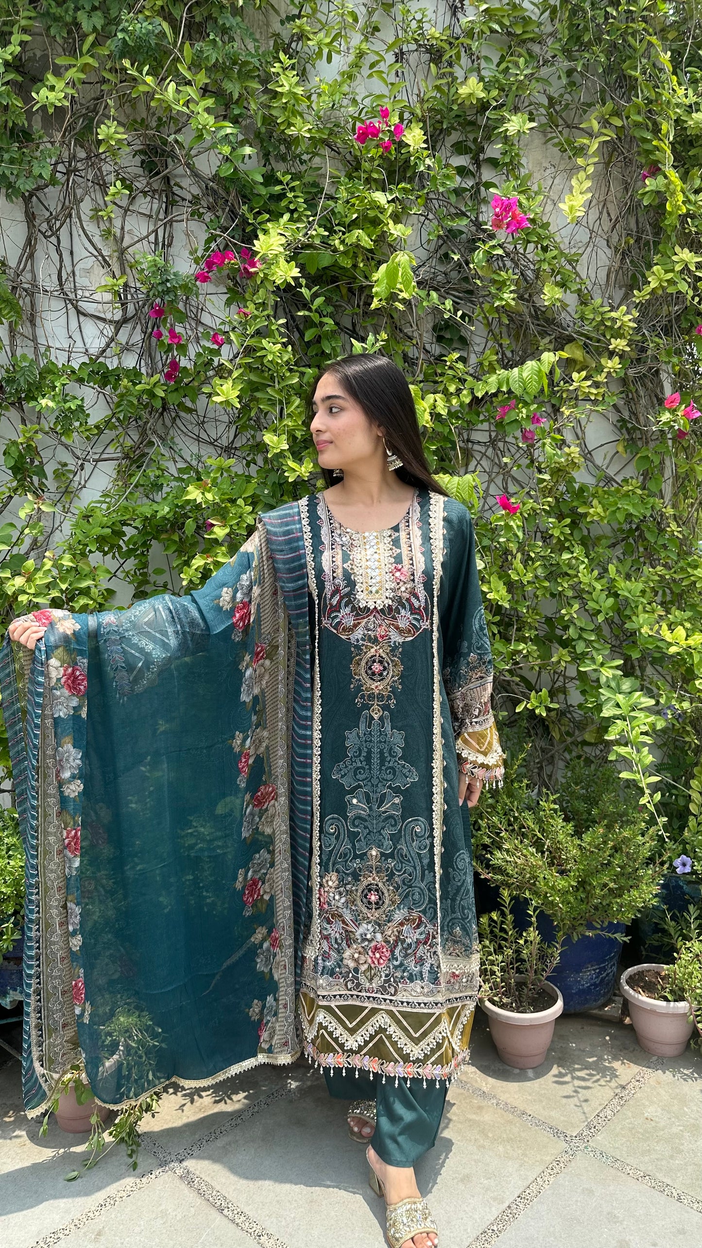 RAYON ZARI DARK TEAL SET