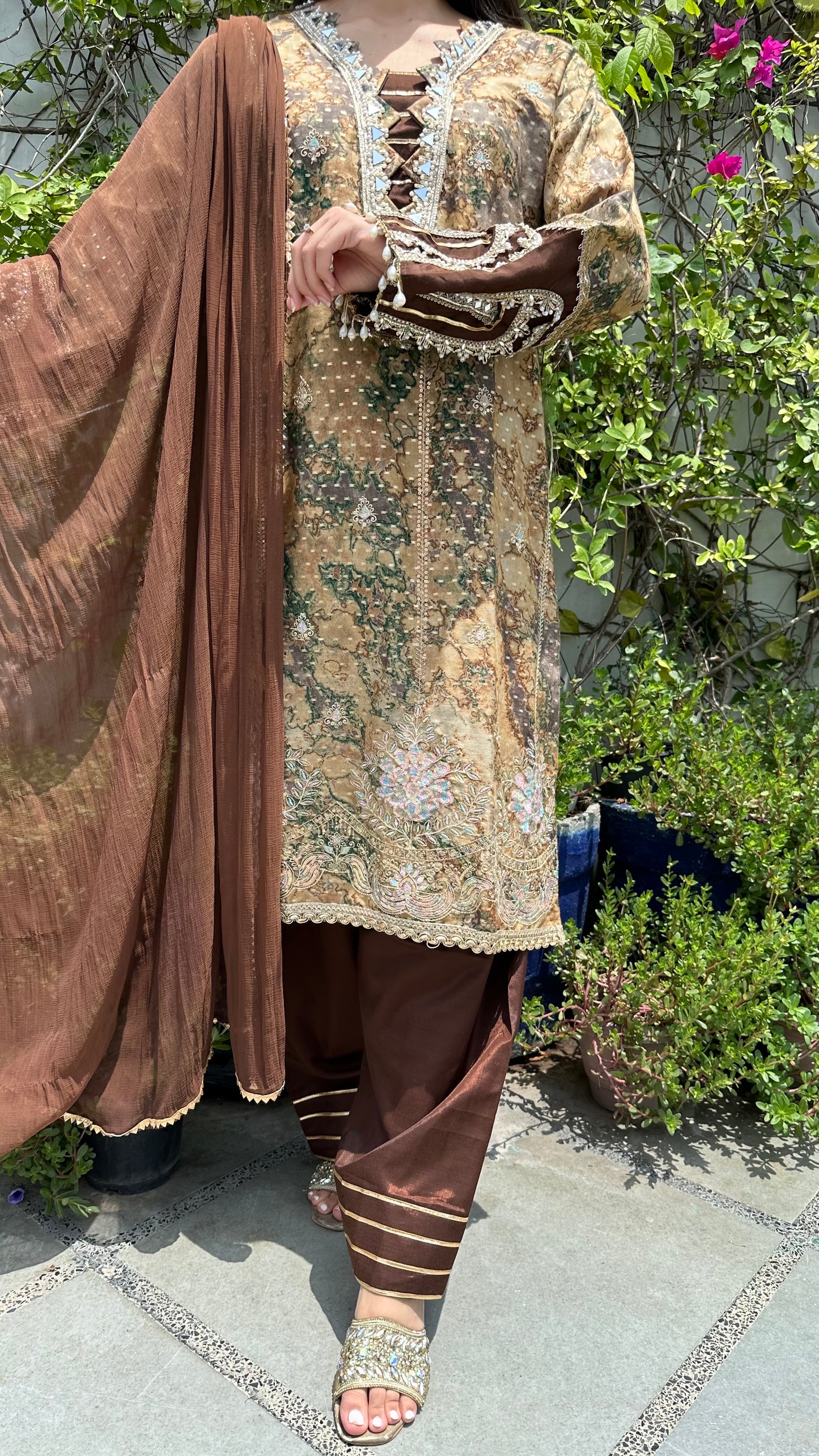 MARBLE PRINT EMBROIDERED FARSHI SET